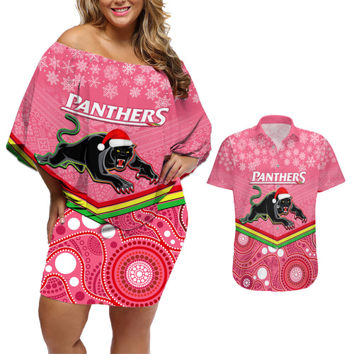 custom-panthers-rugby-christmas-couples-matching-off-shoulder-short-dress-and-hawaiian-shirt-merry-xmas-2023-mix-aboriginal-art-pink-version
