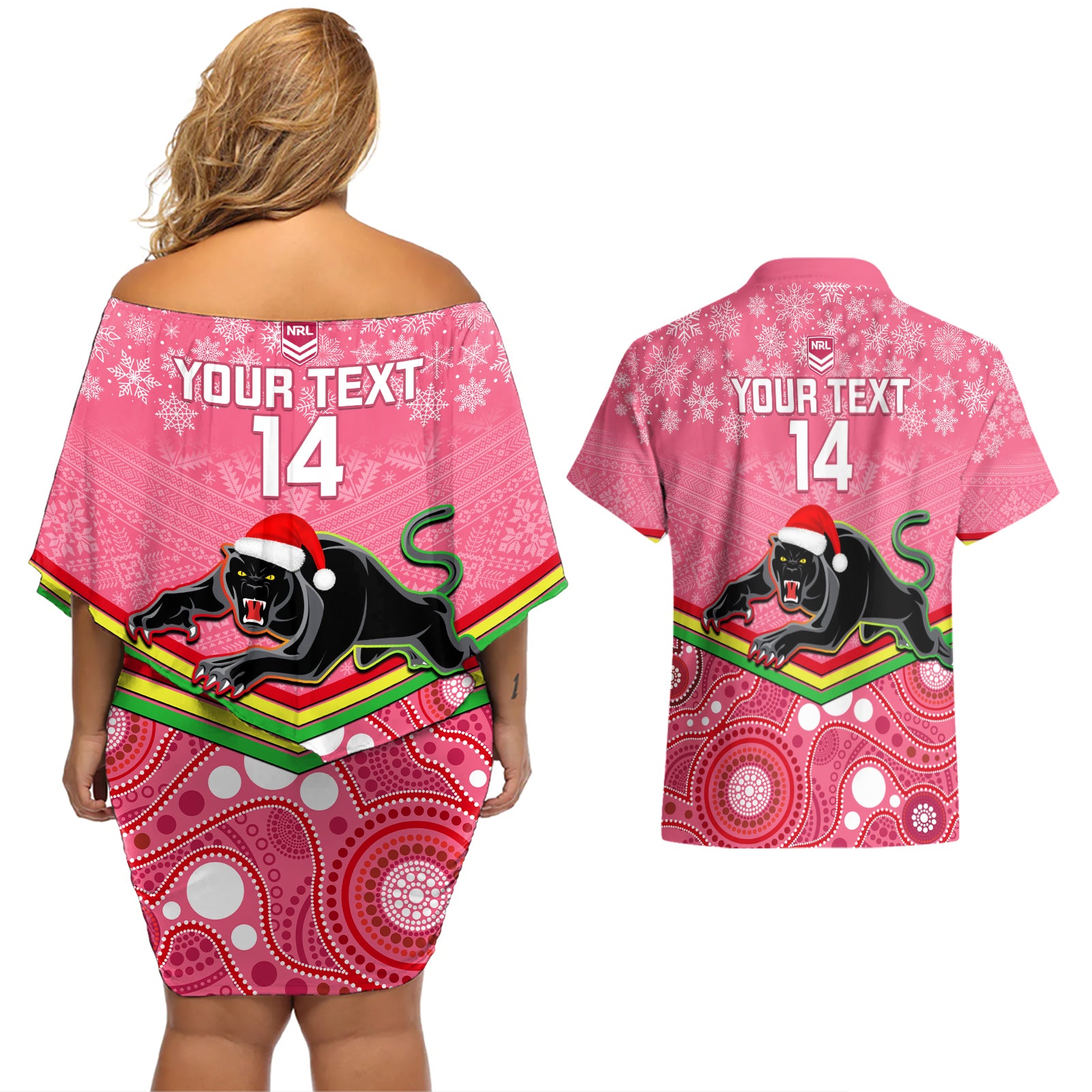 custom-panthers-rugby-christmas-couples-matching-off-shoulder-short-dress-and-hawaiian-shirt-merry-xmas-2023-mix-aboriginal-art-pink-version