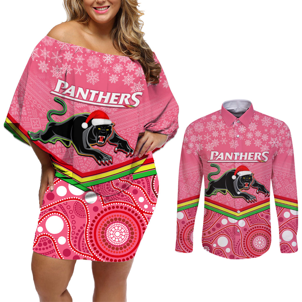 custom-panthers-rugby-christmas-couples-matching-off-shoulder-short-dress-and-long-sleeve-button-shirt-merry-xmas-2023-mix-aboriginal-art-pink-version