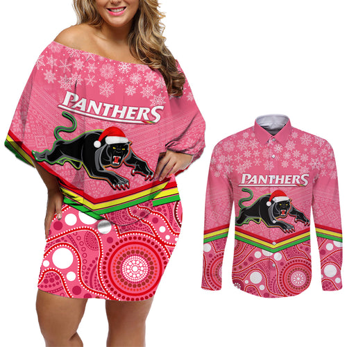 custom-panthers-rugby-christmas-couples-matching-off-shoulder-short-dress-and-long-sleeve-button-shirt-merry-xmas-2023-mix-aboriginal-art-pink-version