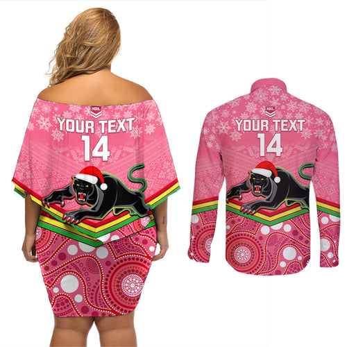 custom-panthers-rugby-christmas-couples-matching-off-shoulder-short-dress-and-long-sleeve-button-shirt-merry-xmas-2023-mix-aboriginal-art-pink-version