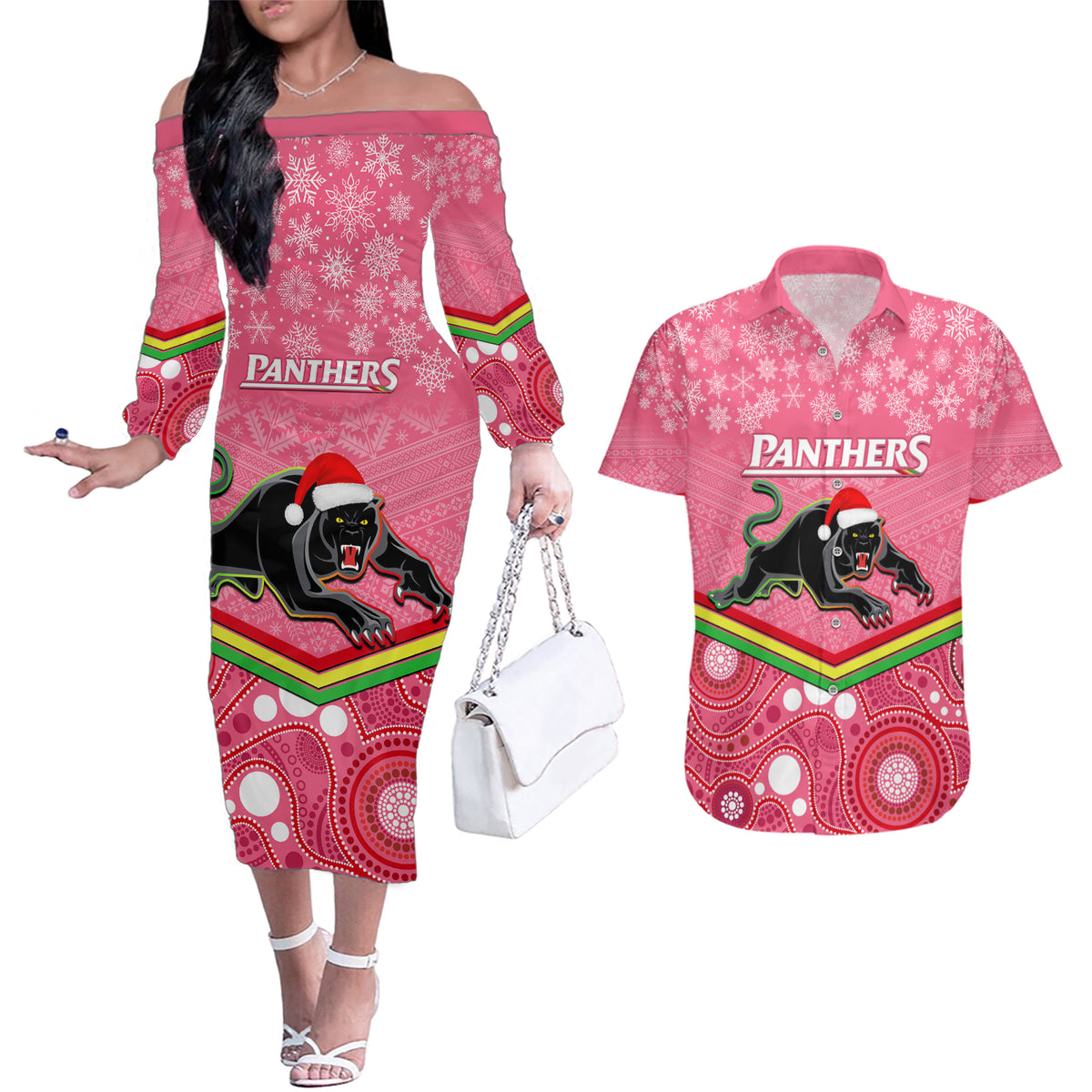 custom-panthers-rugby-christmas-couples-matching-off-the-shoulder-long-sleeve-dress-and-hawaiian-shirt-merry-xmas-2023-mix-aboriginal-art-pink-version