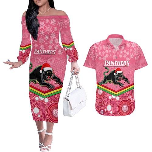 custom-panthers-rugby-christmas-couples-matching-off-the-shoulder-long-sleeve-dress-and-hawaiian-shirt-merry-xmas-2023-mix-aboriginal-art-pink-version