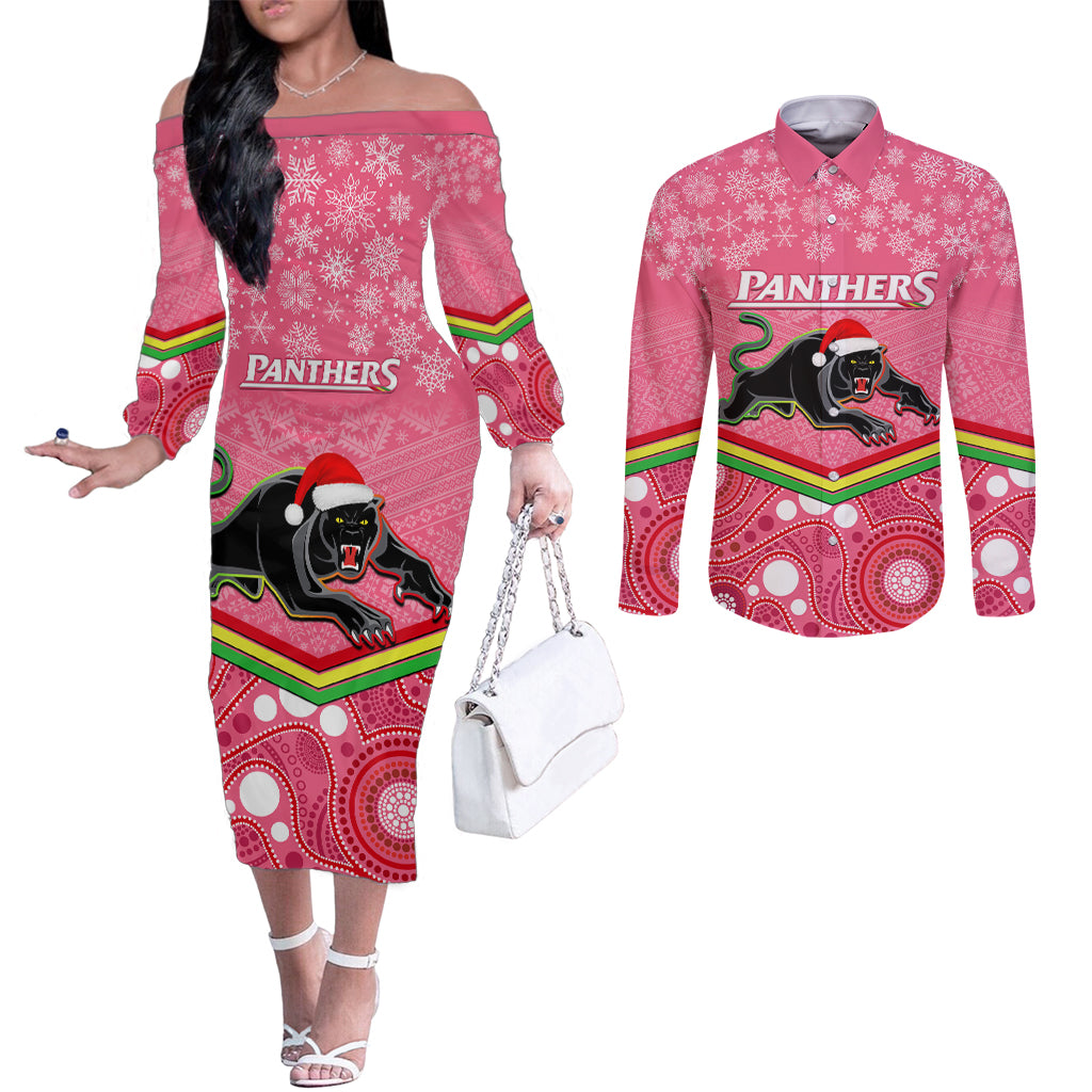 custom-panthers-rugby-christmas-couples-matching-off-the-shoulder-long-sleeve-dress-and-long-sleeve-button-shirt-merry-xmas-2023-mix-aboriginal-art-pink-version