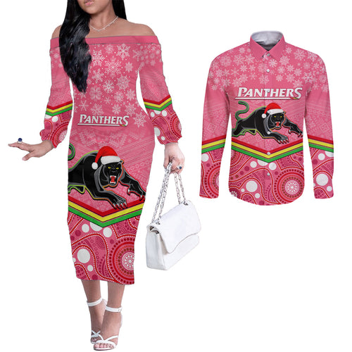 custom-panthers-rugby-christmas-couples-matching-off-the-shoulder-long-sleeve-dress-and-long-sleeve-button-shirt-merry-xmas-2023-mix-aboriginal-art-pink-version