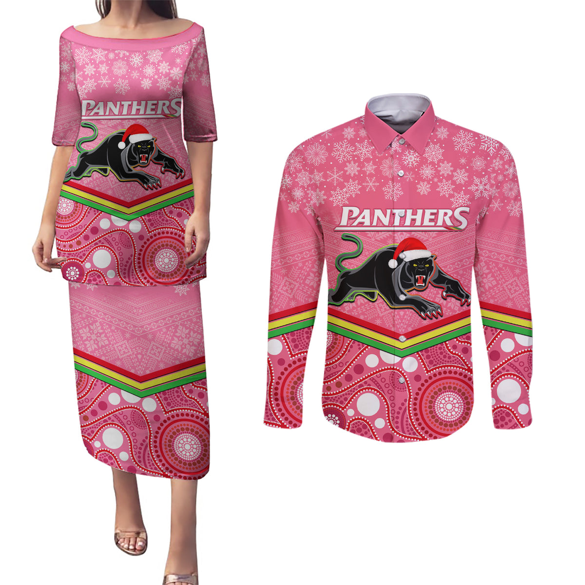 custom-panthers-rugby-christmas-couples-matching-puletasi-dress-and-long-sleeve-button-shirt-merry-xmas-2023-mix-aboriginal-art-pink-version