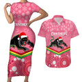 custom-panthers-rugby-christmas-couples-matching-short-sleeve-bodycon-dress-and-hawaiian-shirt-merry-xmas-2023-mix-aboriginal-art-pink-version