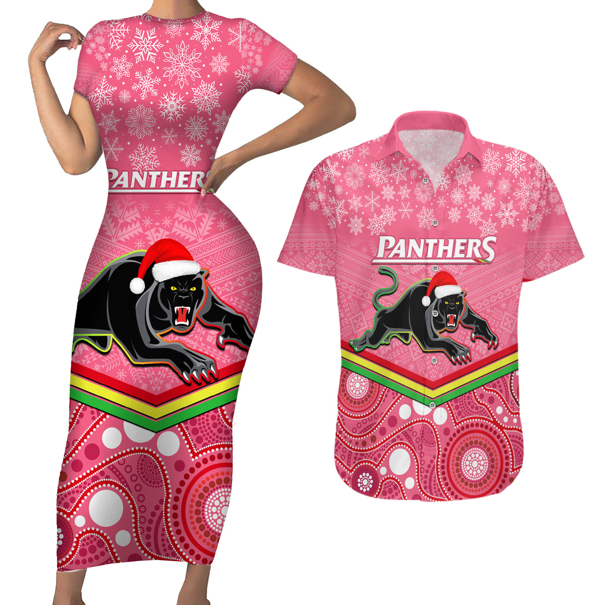 custom-panthers-rugby-christmas-couples-matching-short-sleeve-bodycon-dress-and-hawaiian-shirt-merry-xmas-2023-mix-aboriginal-art-pink-version