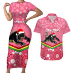 custom-panthers-rugby-christmas-couples-matching-short-sleeve-bodycon-dress-and-hawaiian-shirt-merry-xmas-2023-mix-aboriginal-art-pink-version