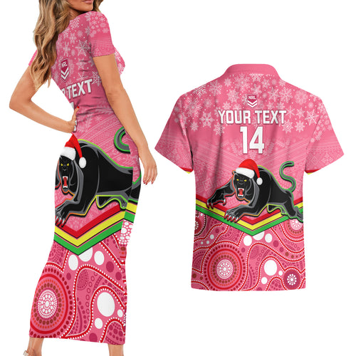 custom-panthers-rugby-christmas-couples-matching-short-sleeve-bodycon-dress-and-hawaiian-shirt-merry-xmas-2023-mix-aboriginal-art-pink-version