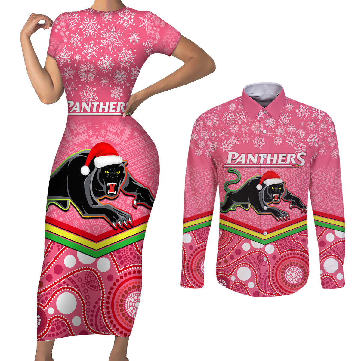 custom-panthers-rugby-christmas-couples-matching-short-sleeve-bodycon-dress-and-long-sleeve-button-shirt-merry-xmas-2023-mix-aboriginal-art-pink-version