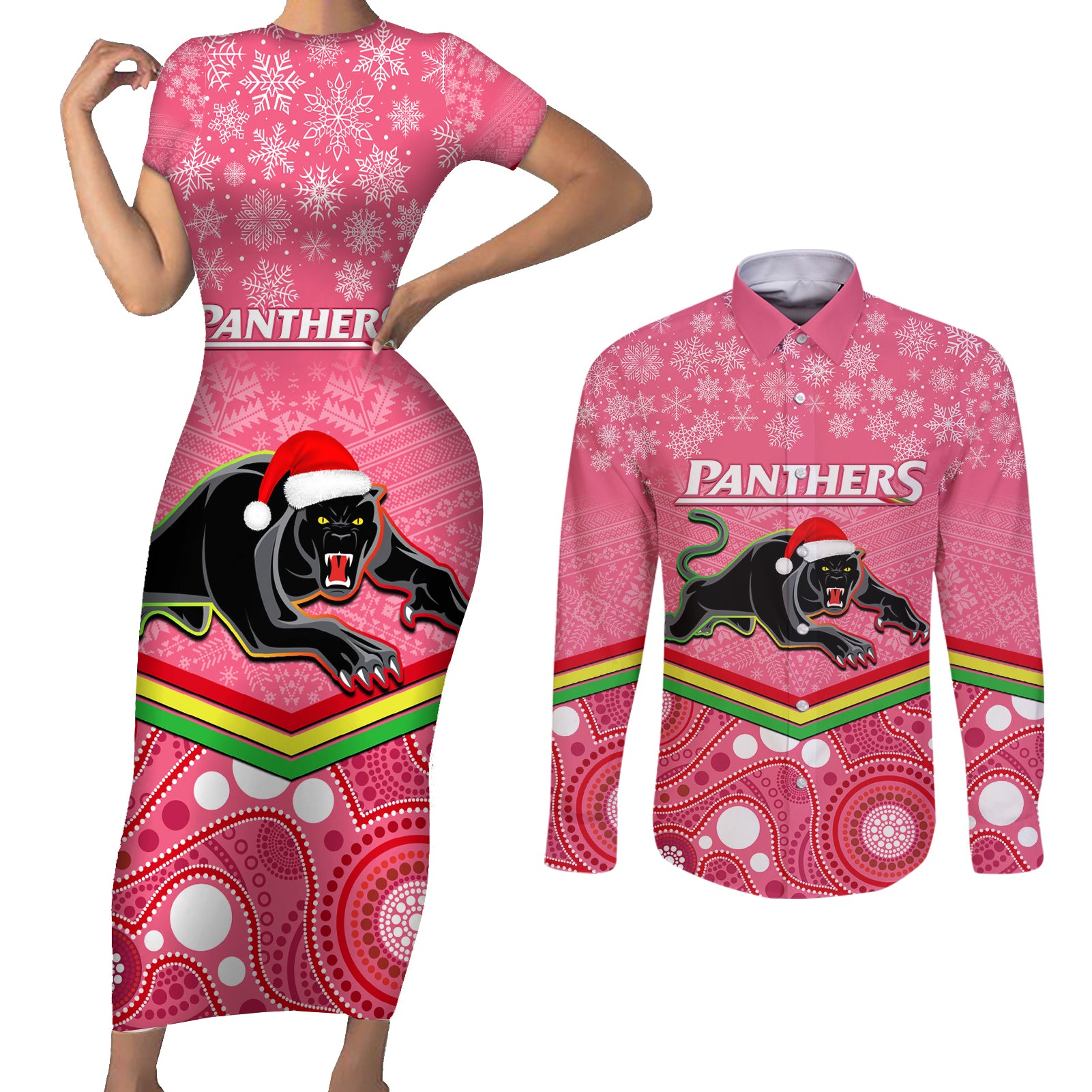 custom-panthers-rugby-christmas-couples-matching-short-sleeve-bodycon-dress-and-long-sleeve-button-shirt-merry-xmas-2023-mix-aboriginal-art-pink-version