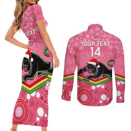 custom-panthers-rugby-christmas-couples-matching-short-sleeve-bodycon-dress-and-long-sleeve-button-shirt-merry-xmas-2023-mix-aboriginal-art-pink-version