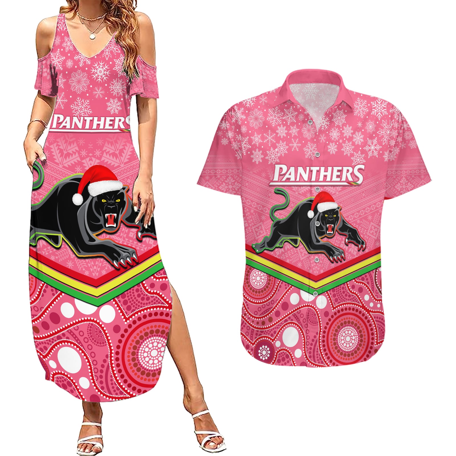 custom-panthers-rugby-christmas-couples-matching-summer-maxi-dress-and-hawaiian-shirt-merry-xmas-2023-mix-aboriginal-art-pink-version