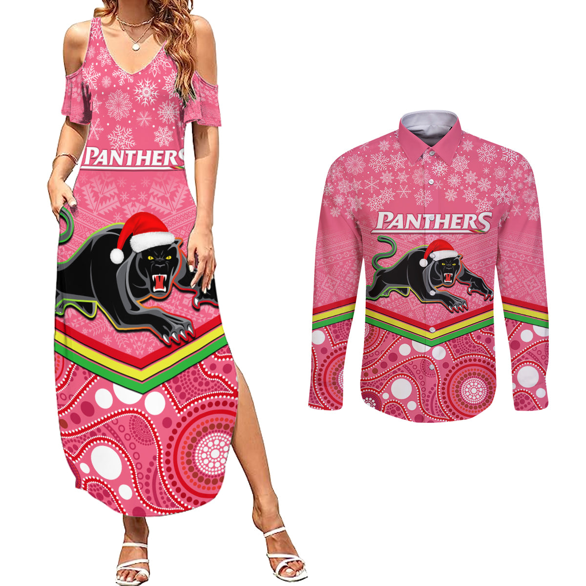 custom-panthers-rugby-christmas-couples-matching-summer-maxi-dress-and-long-sleeve-button-shirt-merry-xmas-2023-mix-aboriginal-art-pink-version