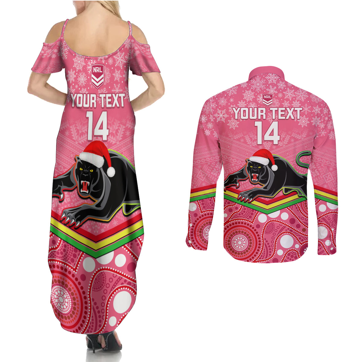 custom-panthers-rugby-christmas-couples-matching-summer-maxi-dress-and-long-sleeve-button-shirt-merry-xmas-2023-mix-aboriginal-art-pink-version