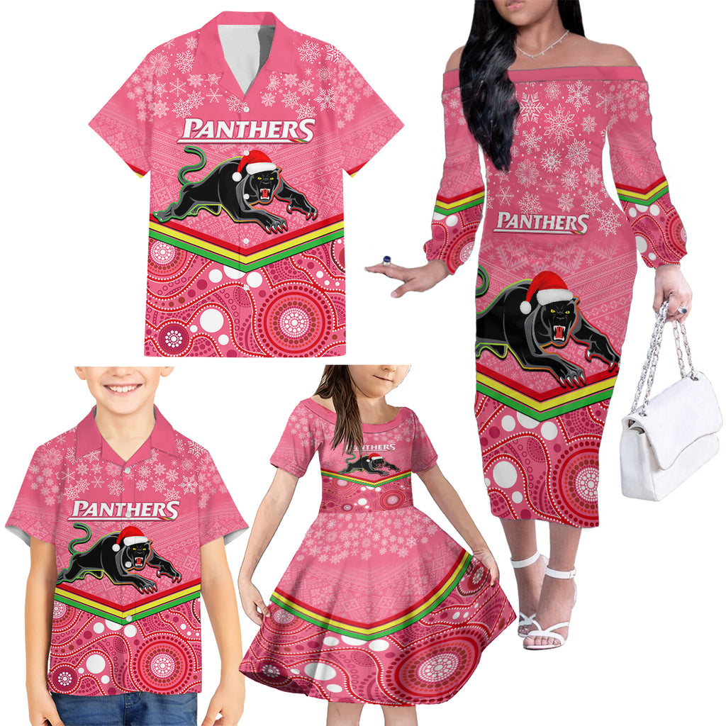 custom-panthers-rugby-christmas-family-matching-off-shoulder-long-sleeve-dress-and-hawaiian-shirt-merry-xmas-2023-mix-aboriginal-art-pink-version