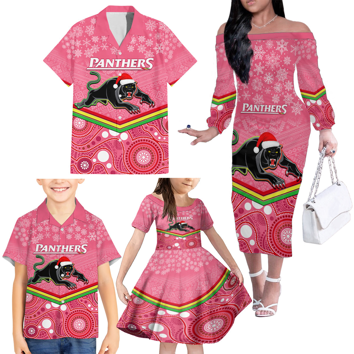 custom-panthers-rugby-christmas-family-matching-off-shoulder-long-sleeve-dress-and-hawaiian-shirt-merry-xmas-2023-mix-aboriginal-art-pink-version