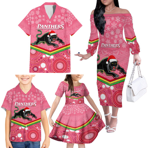 custom-panthers-rugby-christmas-family-matching-off-shoulder-long-sleeve-dress-and-hawaiian-shirt-merry-xmas-2023-mix-aboriginal-art-pink-version