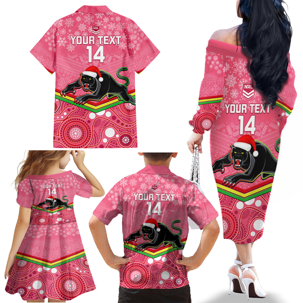 custom-panthers-rugby-christmas-family-matching-off-shoulder-long-sleeve-dress-and-hawaiian-shirt-merry-xmas-2023-mix-aboriginal-art-pink-version
