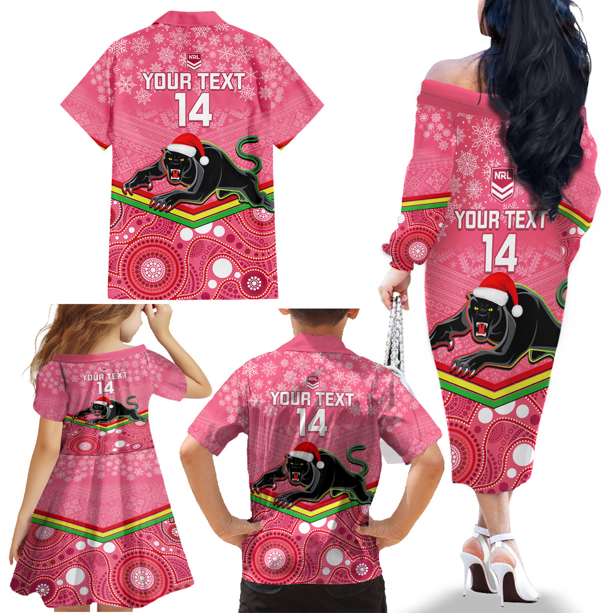 custom-panthers-rugby-christmas-family-matching-off-shoulder-long-sleeve-dress-and-hawaiian-shirt-merry-xmas-2023-mix-aboriginal-art-pink-version