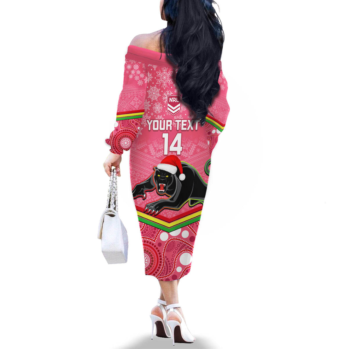 custom-panthers-rugby-christmas-family-matching-off-shoulder-long-sleeve-dress-and-hawaiian-shirt-merry-xmas-2023-mix-aboriginal-art-pink-version