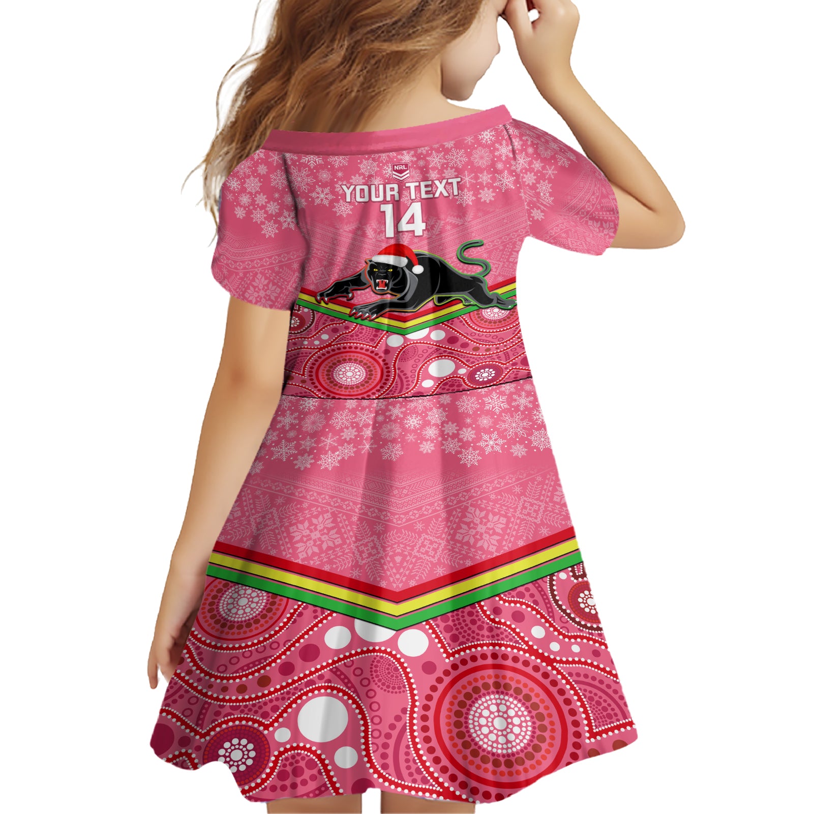 custom-panthers-rugby-christmas-family-matching-short-sleeve-bodycon-dress-and-hawaiian-shirt-merry-xmas-2023-mix-aboriginal-art-pink-version
