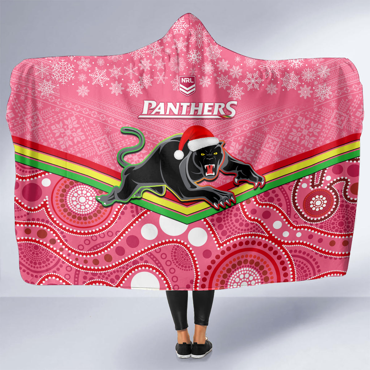 custom-panthers-rugby-christmas-hooded-blanket-merry-xmas-2023-mix-aboriginal-art-pink-version