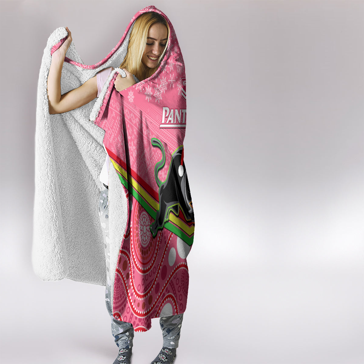 custom-panthers-rugby-christmas-hooded-blanket-merry-xmas-2023-mix-aboriginal-art-pink-version