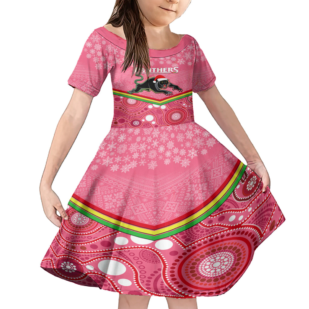 custom-panthers-rugby-christmas-kid-short-sleeve-dress-merry-xmas-2023-mix-aboriginal-art-pink-version