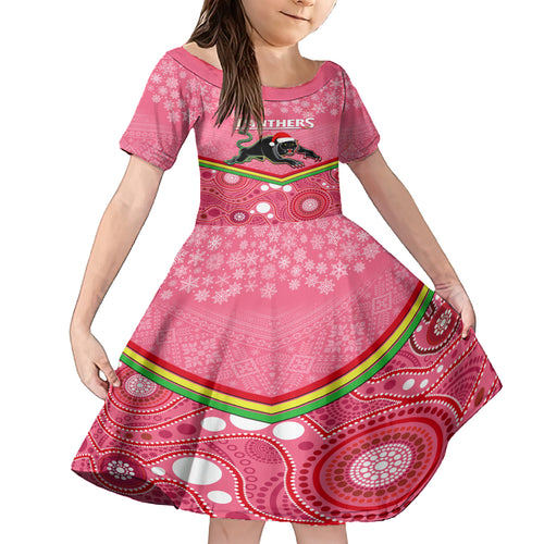 custom-panthers-rugby-christmas-kid-short-sleeve-dress-merry-xmas-2023-mix-aboriginal-art-pink-version