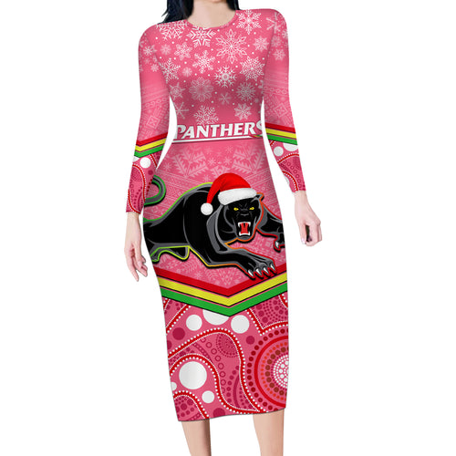 custom-panthers-rugby-christmas-long-sleeve-bodycon-dress-merry-xmas-2023-mix-aboriginal-art-pink-version