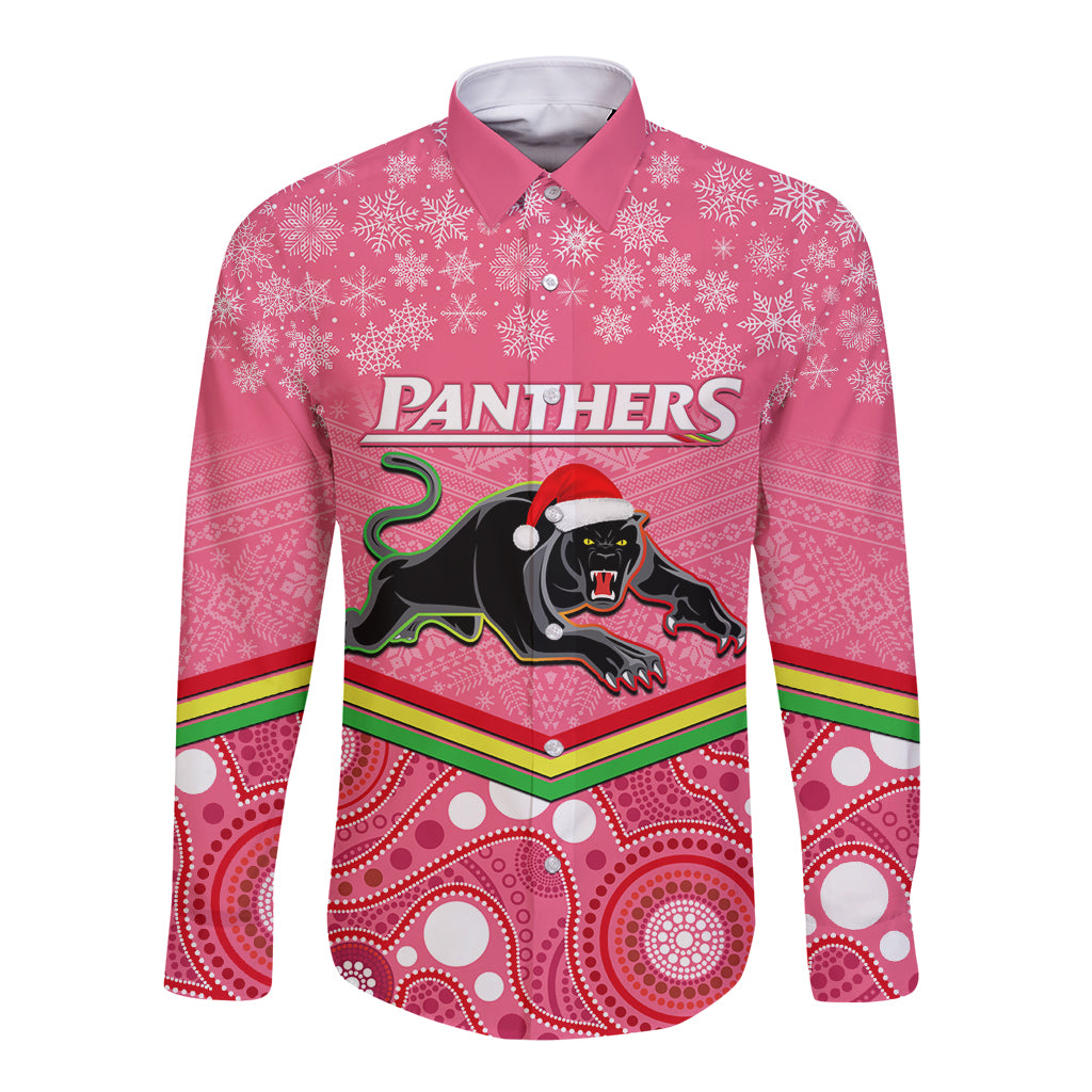 custom-panthers-rugby-christmas-long-sleeve-button-shirt-merry-xmas-2023-mix-aboriginal-art-pink-version
