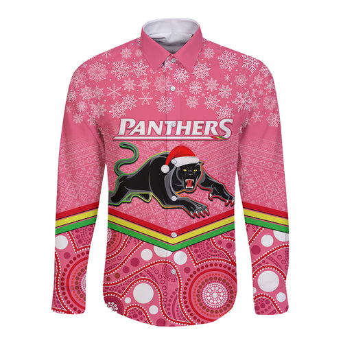 custom-panthers-rugby-christmas-long-sleeve-button-shirt-merry-xmas-2023-mix-aboriginal-art-pink-version