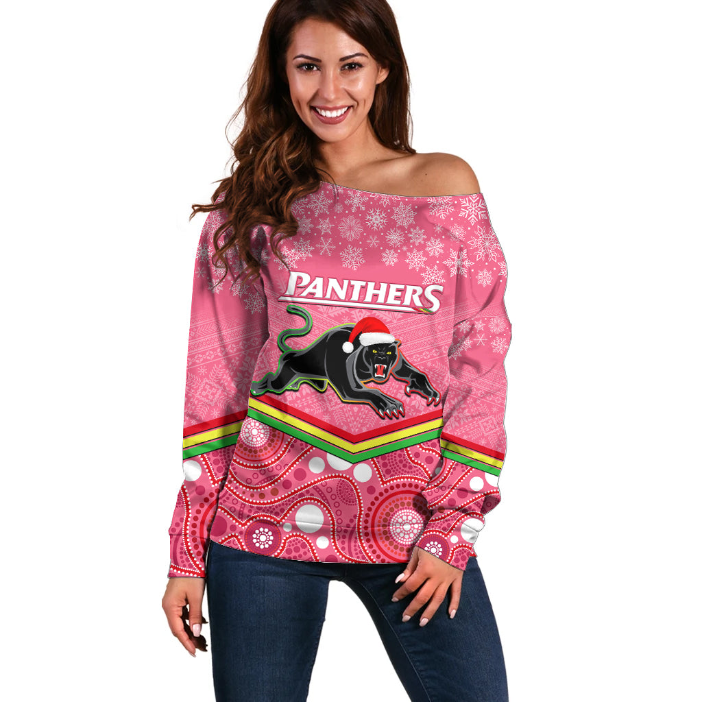 custom-panthers-rugby-christmas-off-shoulder-sweater-merry-xmas-2023-mix-aboriginal-art-pink-version