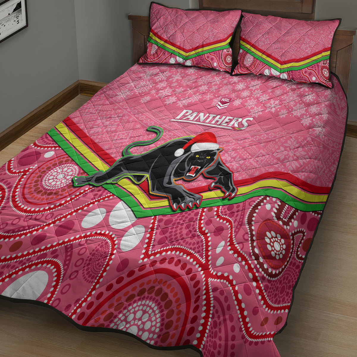 custom-panthers-rugby-christmas-quilt-bed-set-merry-xmas-2023-mix-aboriginal-art-pink-version