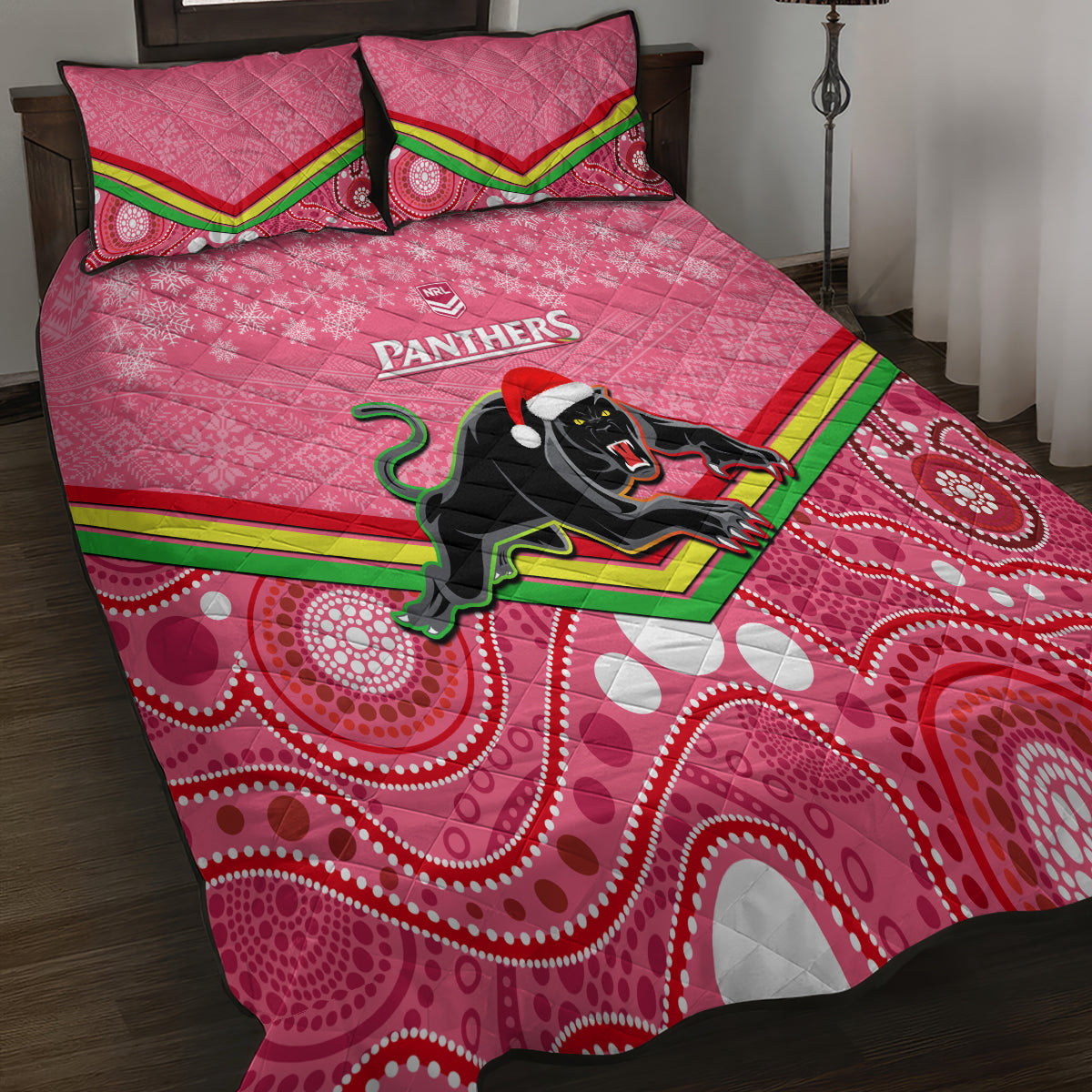 custom-panthers-rugby-christmas-quilt-bed-set-merry-xmas-2023-mix-aboriginal-art-pink-version