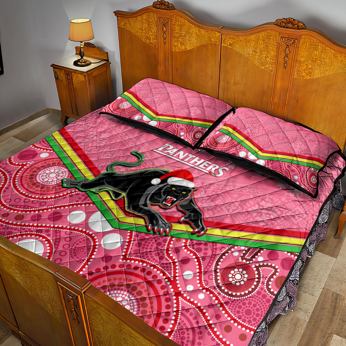 custom-panthers-rugby-christmas-quilt-bed-set-merry-xmas-2023-mix-aboriginal-art-pink-version