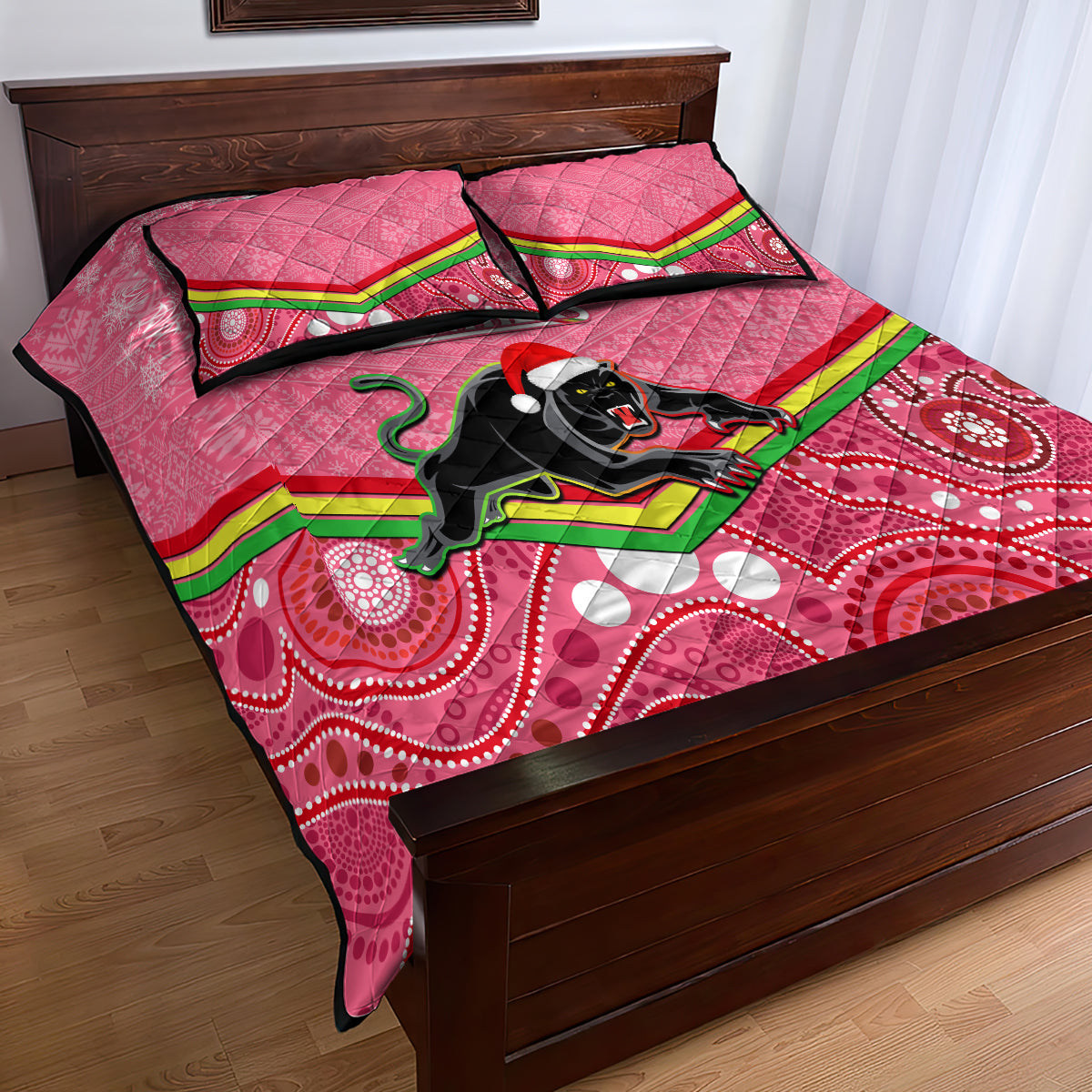 custom-panthers-rugby-christmas-quilt-bed-set-merry-xmas-2023-mix-aboriginal-art-pink-version