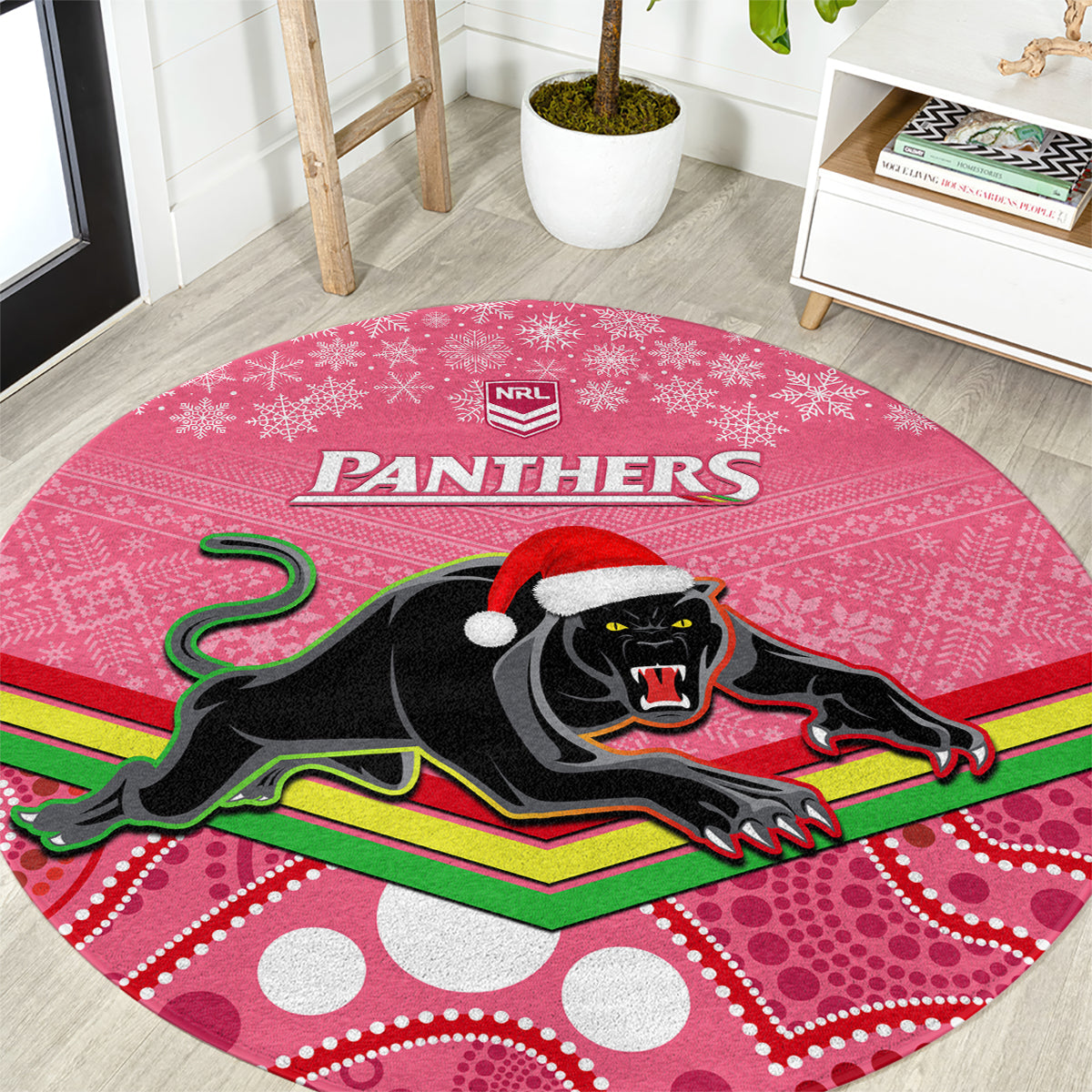 custom-panthers-rugby-christmas-round-carpet-merry-xmas-2023-mix-aboriginal-art-pink-version