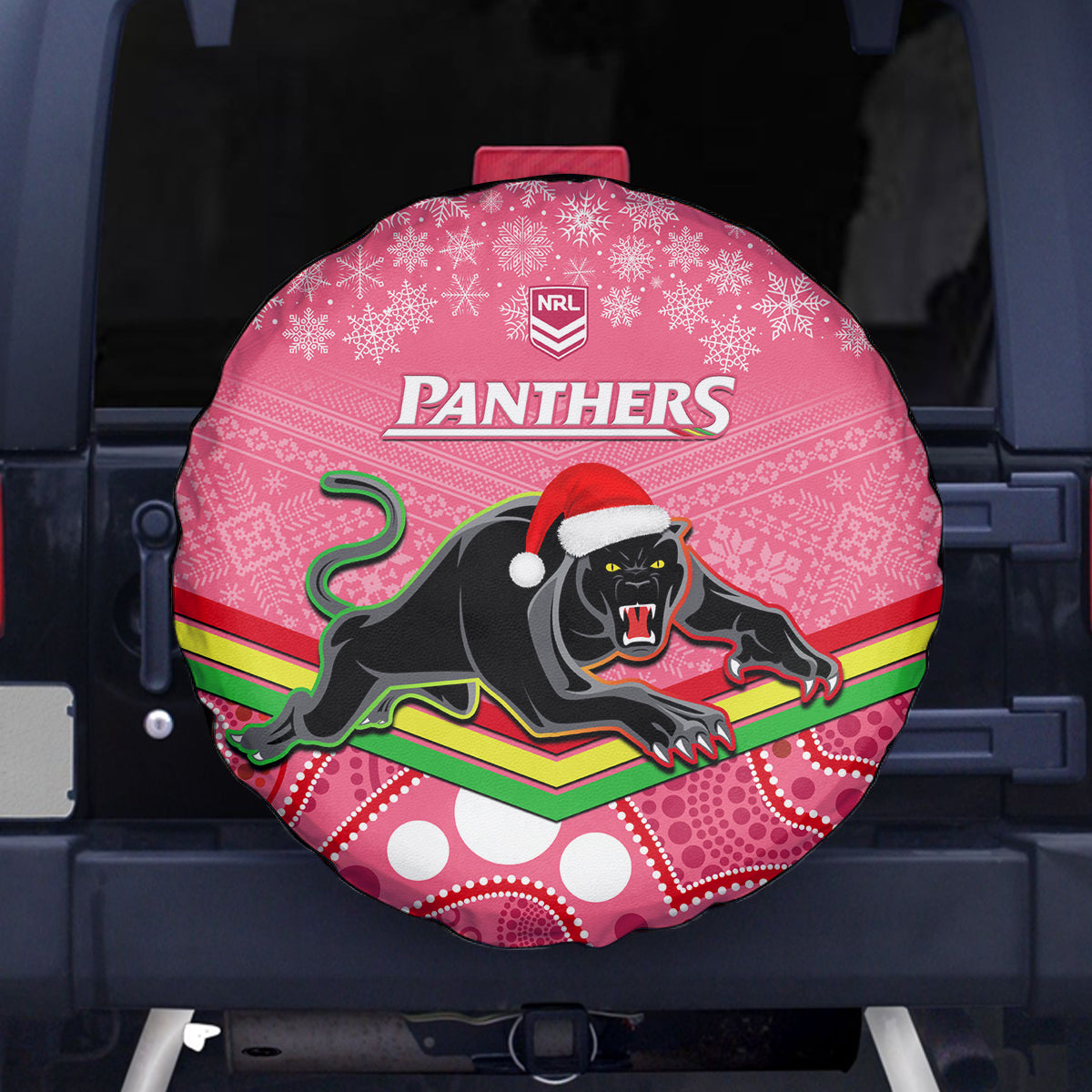 custom-panthers-rugby-christmas-spare-tire-cover-merry-xmas-2023-mix-aboriginal-art-pink-version