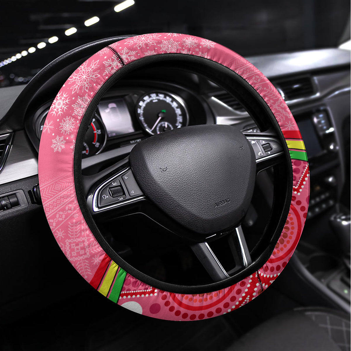 Panthers Rugby Christmas Steering Wheel Cover Merry Xmas 2023 Mix Aboriginal Art Pink Version