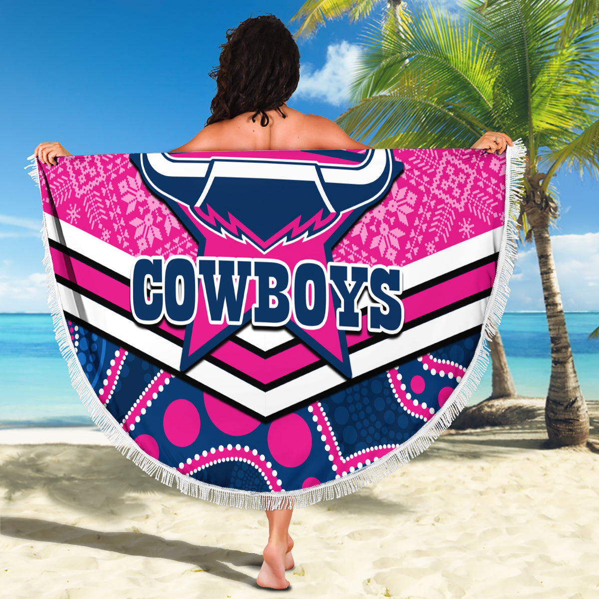 custom-cowboys-rugby-christmas-beach-blanket-merry-xmas-2023-mix-aboriginal-art-pink-version