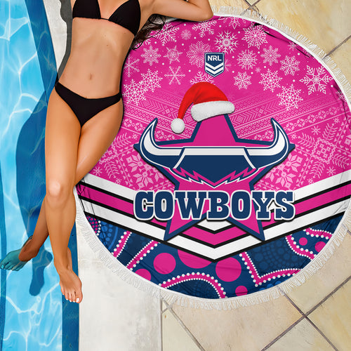 custom-cowboys-rugby-christmas-beach-blanket-merry-xmas-2023-mix-aboriginal-art-pink-version