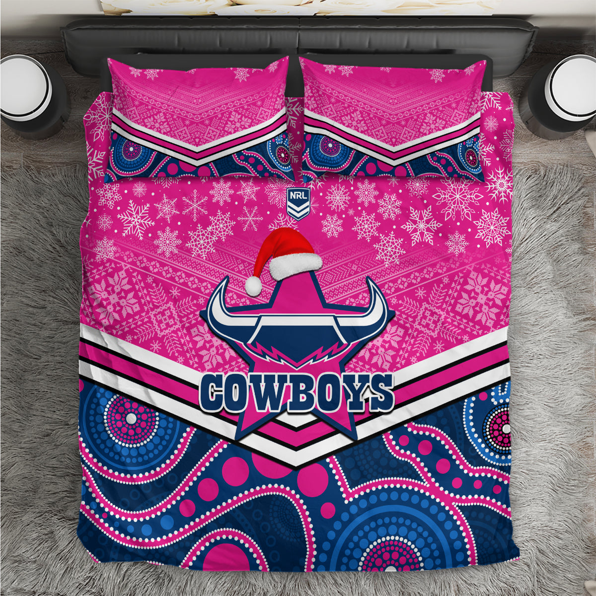 custom-cowboys-rugby-christmas-bedding-set-merry-xmas-2023-mix-aboriginal-art-pink-version