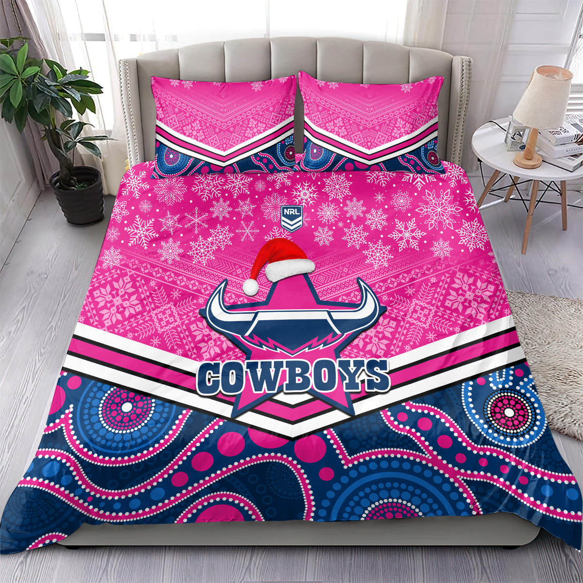 custom-cowboys-rugby-christmas-bedding-set-merry-xmas-2023-mix-aboriginal-art-pink-version