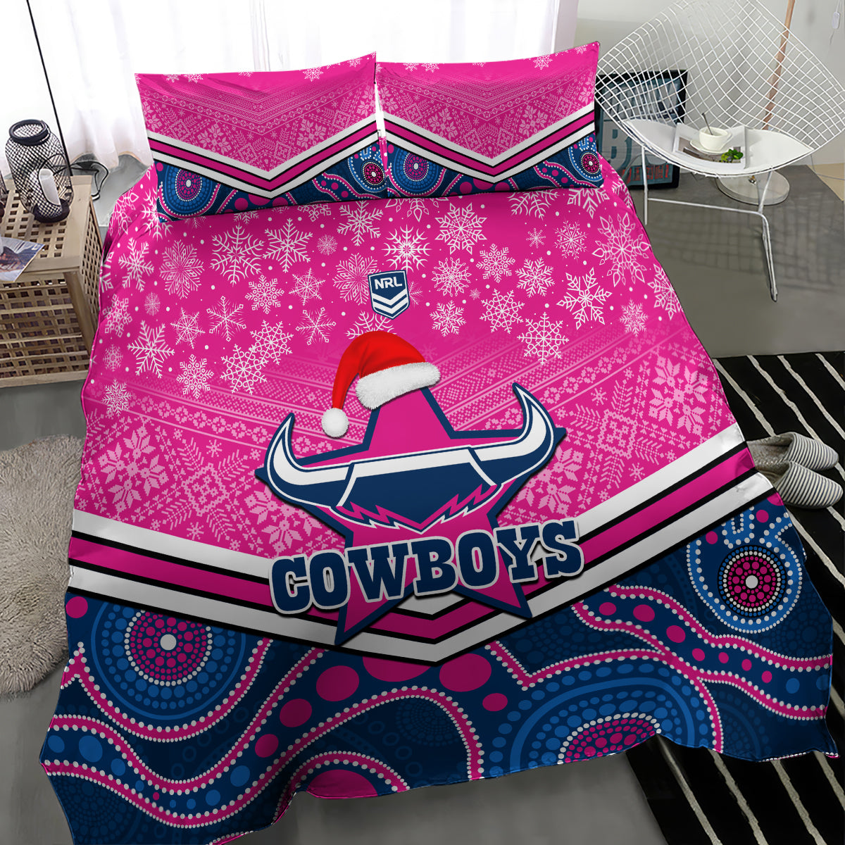 custom-cowboys-rugby-christmas-bedding-set-merry-xmas-2023-mix-aboriginal-art-pink-version