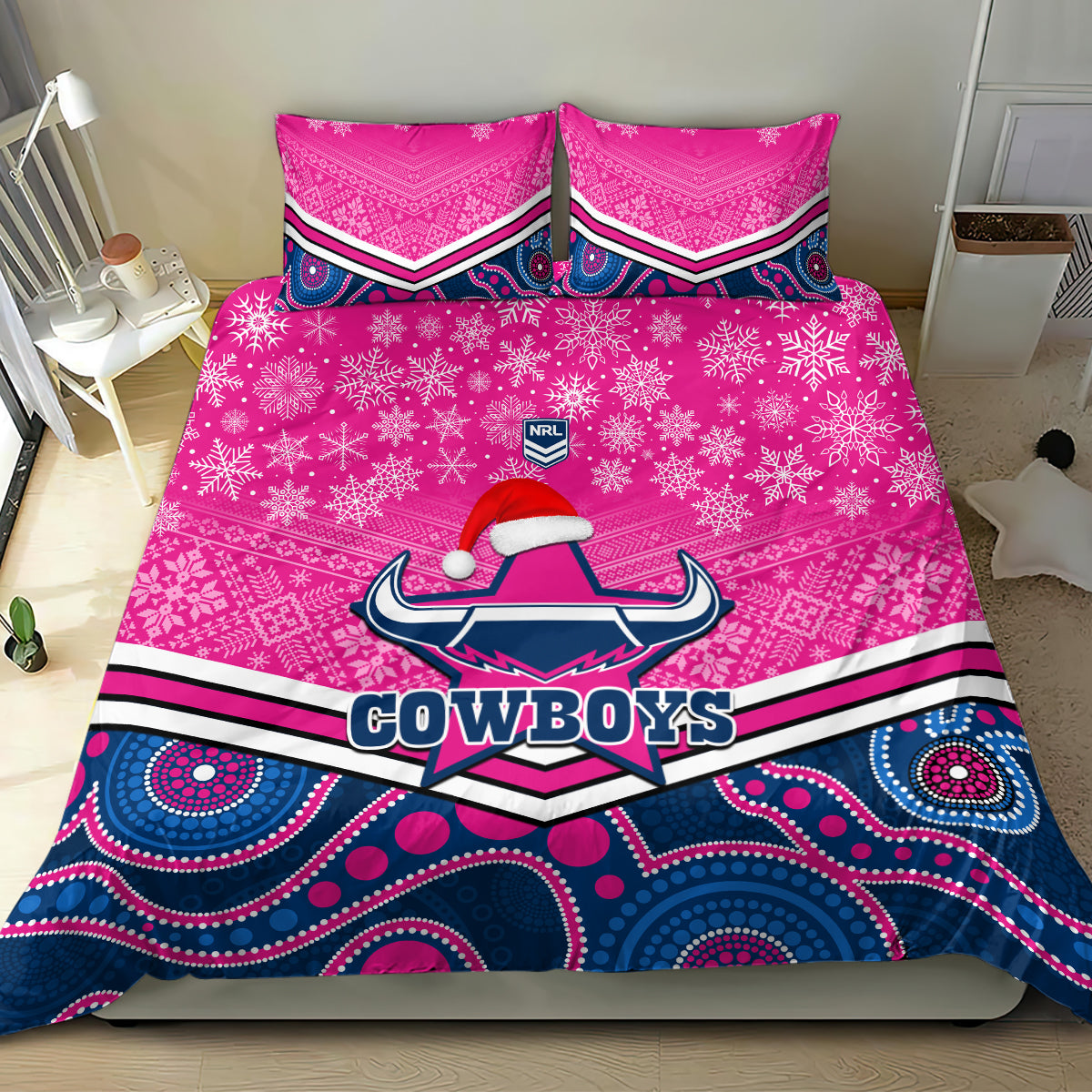 custom-cowboys-rugby-christmas-bedding-set-merry-xmas-2023-mix-aboriginal-art-pink-version