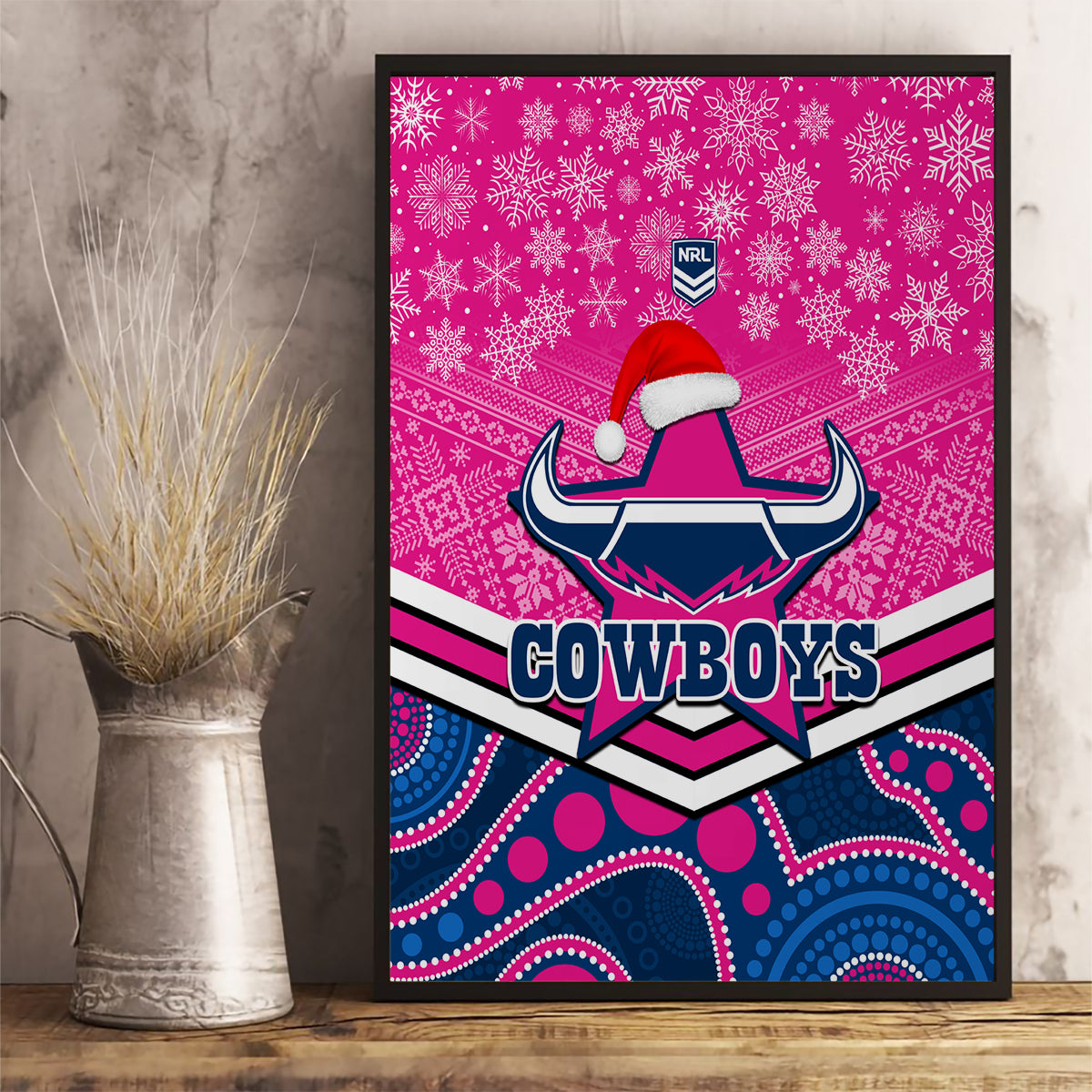 custom-cowboys-rugby-christmas-canvas-wall-art-merry-xmas-2023-mix-aboriginal-art-pink-version