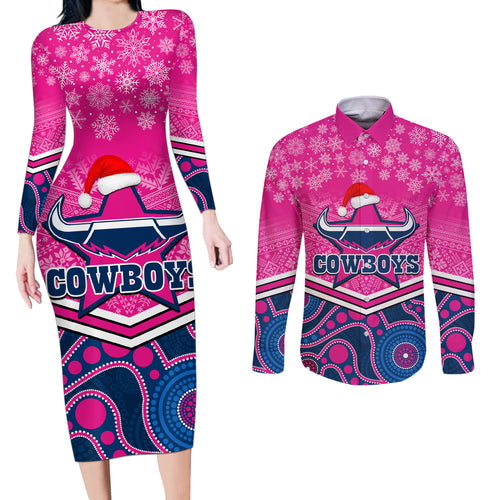 custom-cowboys-rugby-christmas-couples-matching-long-sleeve-bodycon-dress-and-long-sleeve-button-shirt-merry-xmas-2023-mix-aboriginal-art-pink-version
